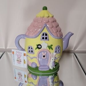 Yellow and Pink Easter Lighting Teapot For Decoration. New